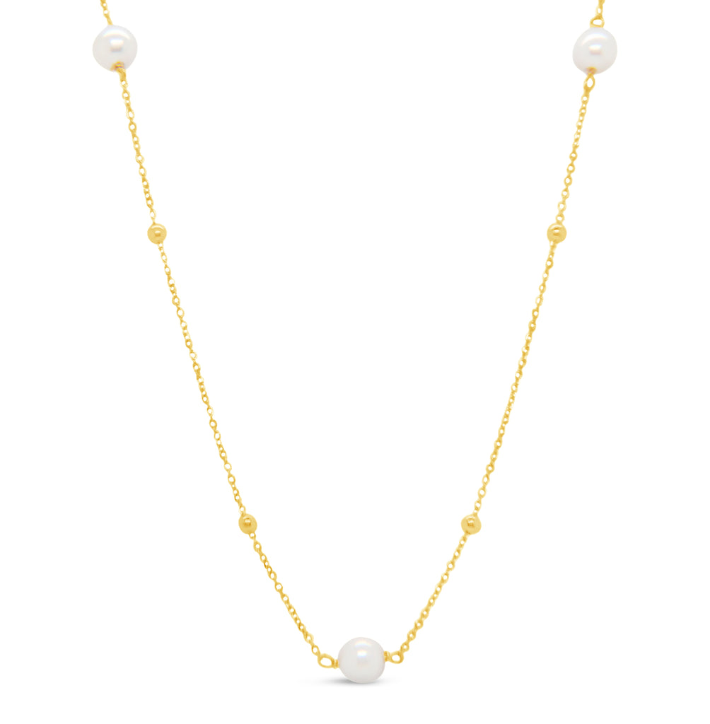 18K Yellow Gold Pearl Station Necklace