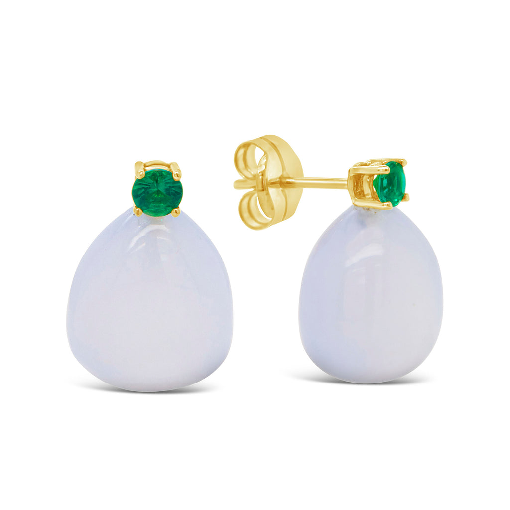 18k Yellow Gold Cabachon Moonstone and Emerald Earrings