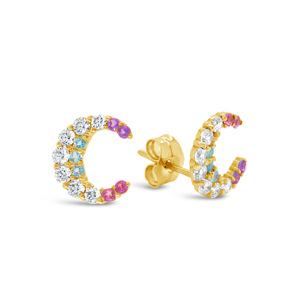 18K Yellow Gold Multi-Colored Gem Crescent Moon Stud Earrings