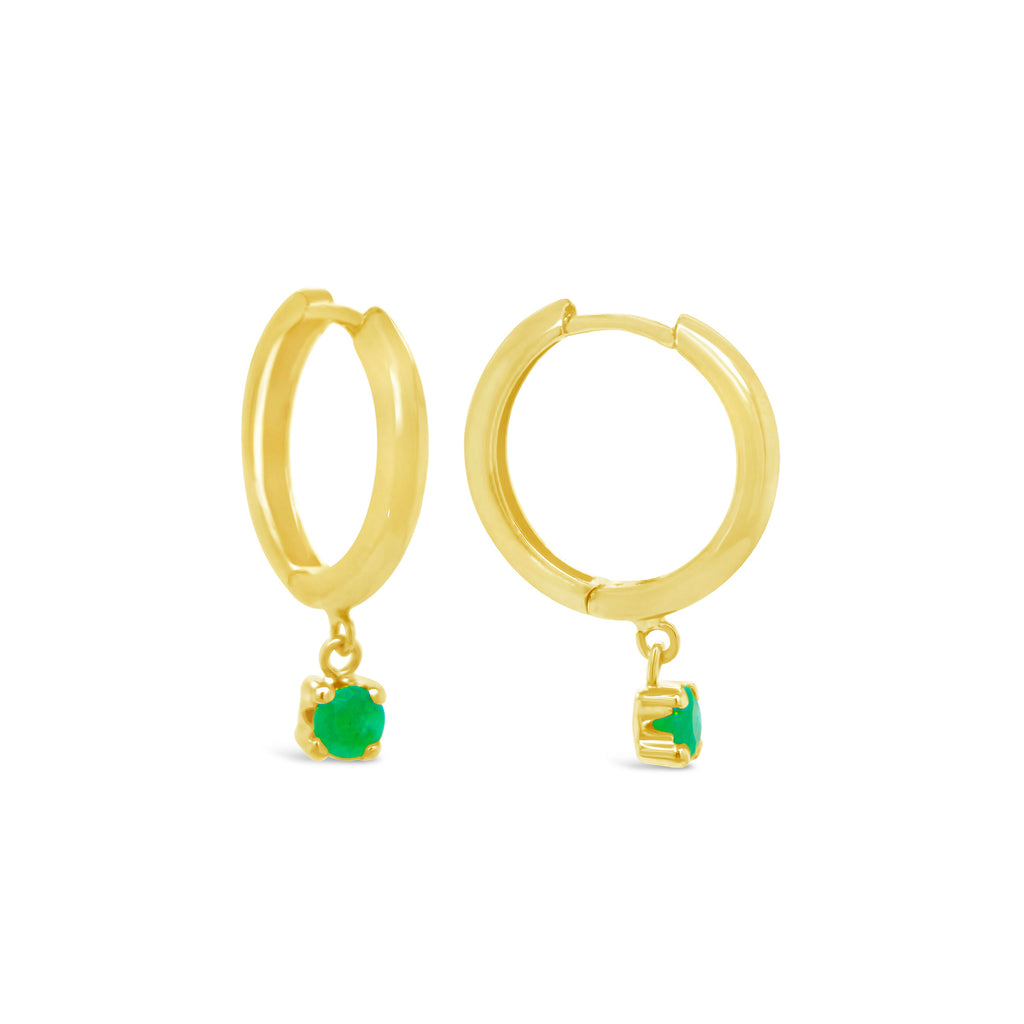 18K Yellow Gold Emerald Dangle Huggie Earrings