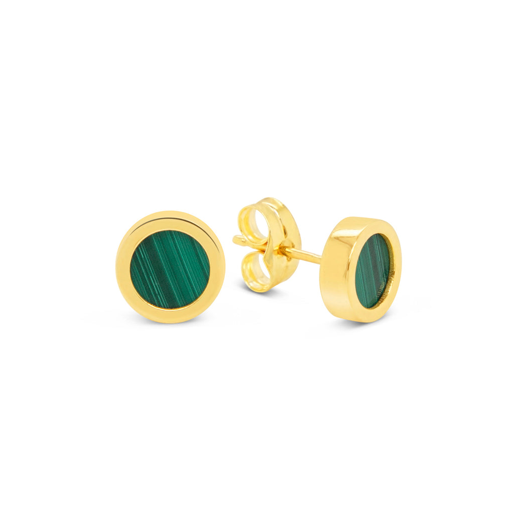 18K Yellow Gold Round Bezel Malachite Stud Earrings