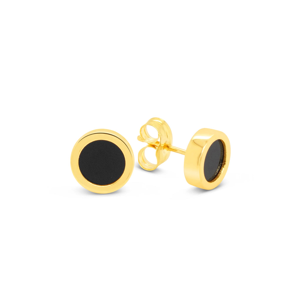 18K Yellow Gold Round Bezel Onyx Stud Earring