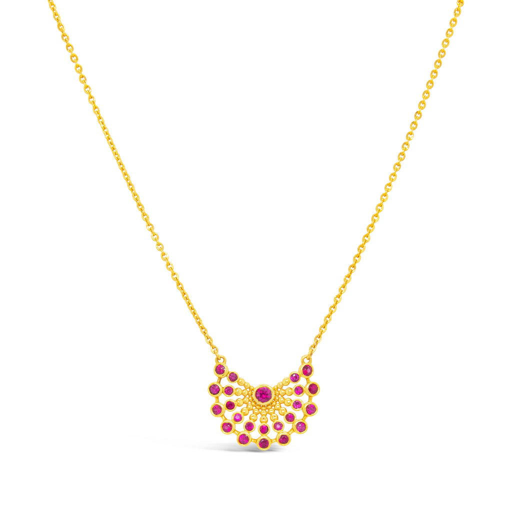 18K Yellow Gold Ruby Peacock Feather Pendant Necklace