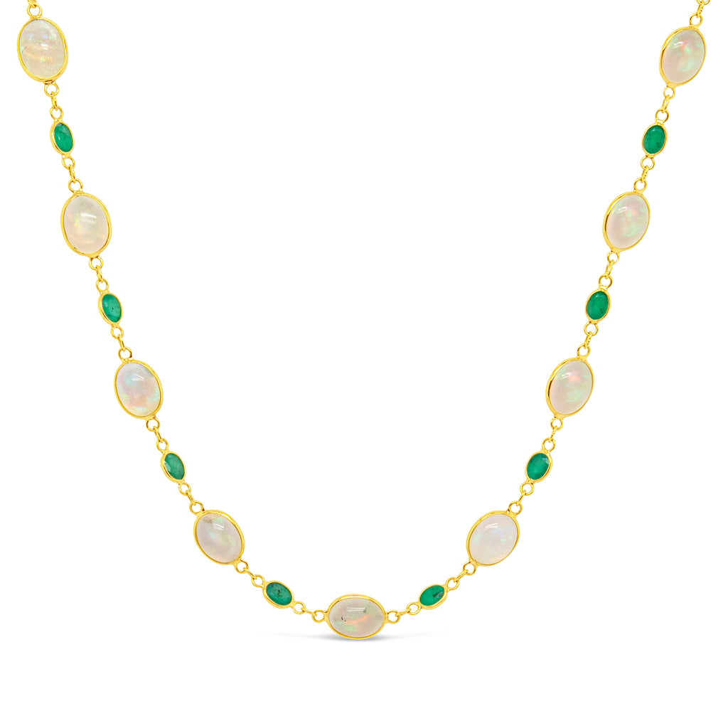 18K Yellow Gold Cabochon Opals and Emeralds Necklace