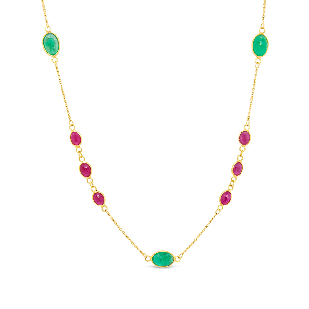 18K Yellow Gold Emerald and Ruby Station Necklace