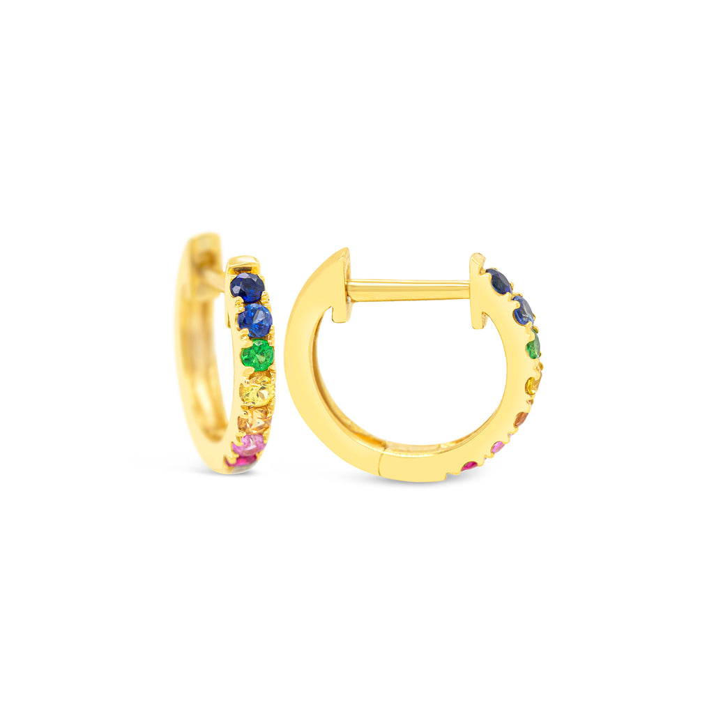 14k Yellow Gold Multi-Colored Gem Rainbow Huggie Earrings