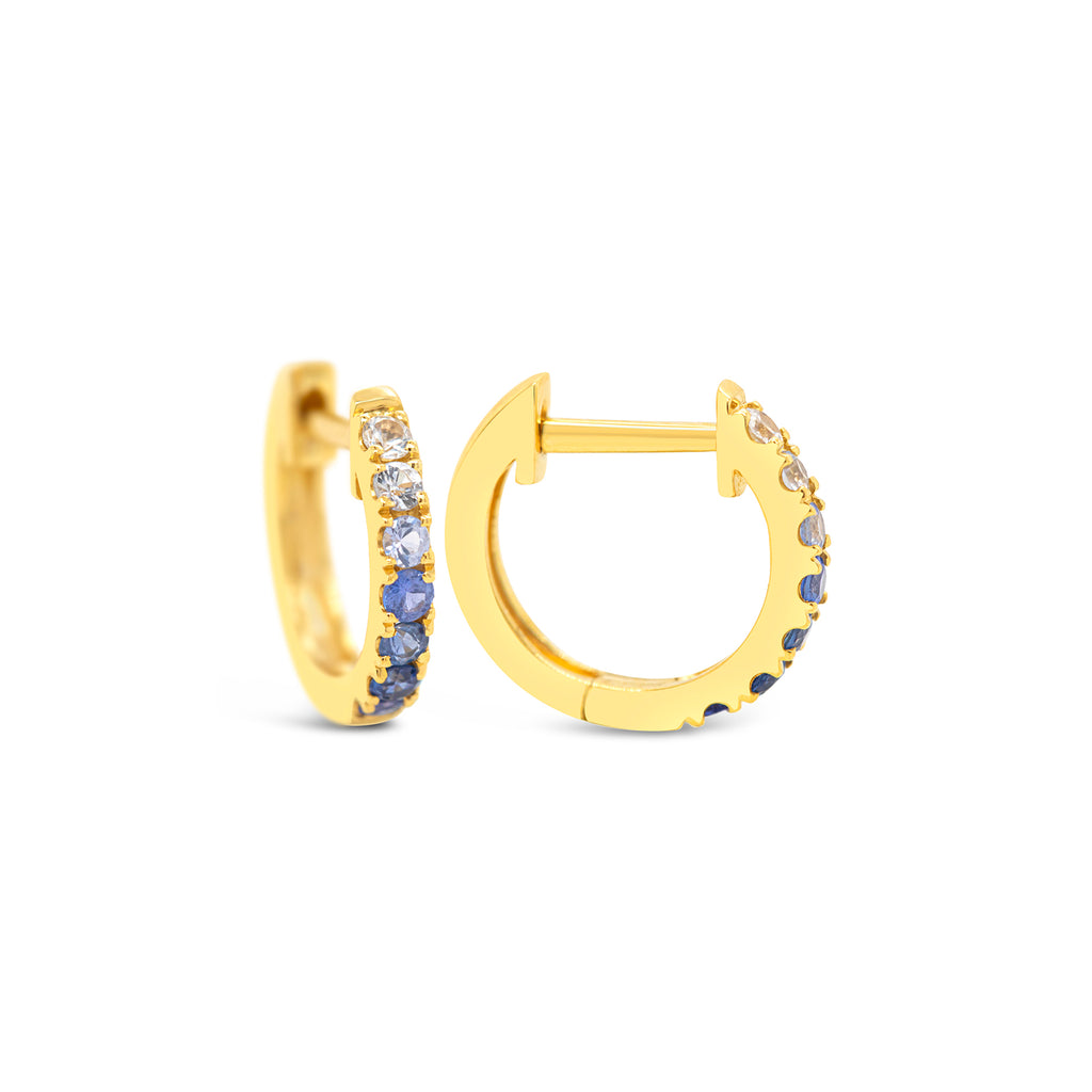 14k Yellow Gold Blue and White Sapphire Huggie Earrings