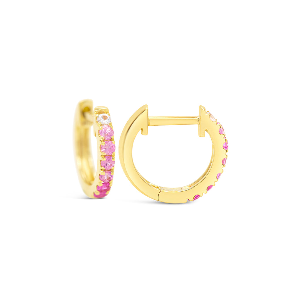 14k Yellow Gold Pink and White Sapphires Huggie Earrings