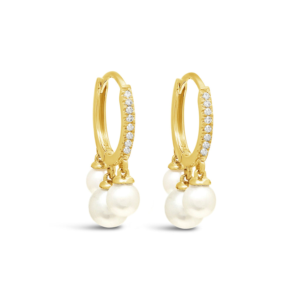 14k Yellow Gold Dangle Trio Pearl and Diamond Huggie Earrings