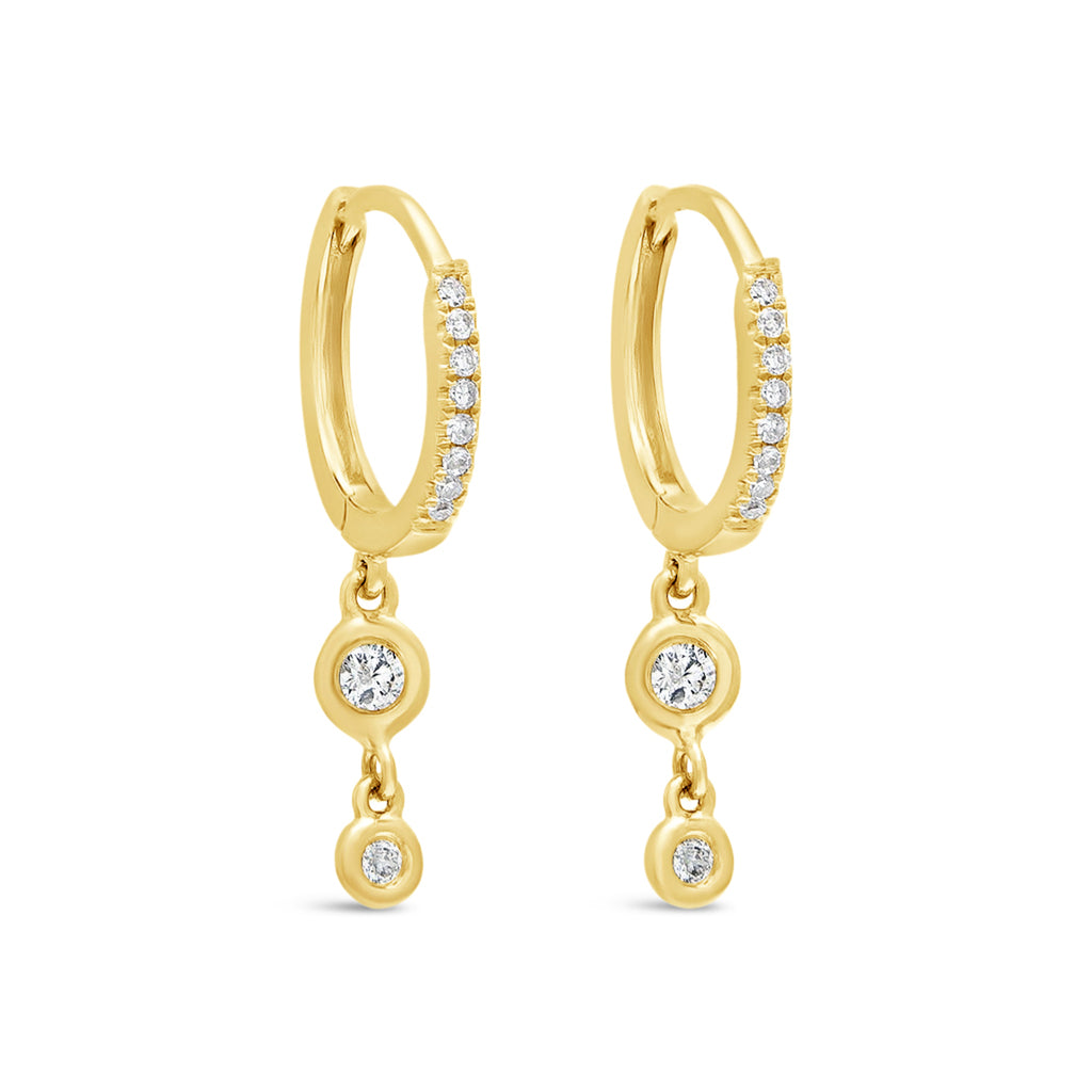 14k Yellow Gold Bezel Diamonds Drop Huggie Earrings