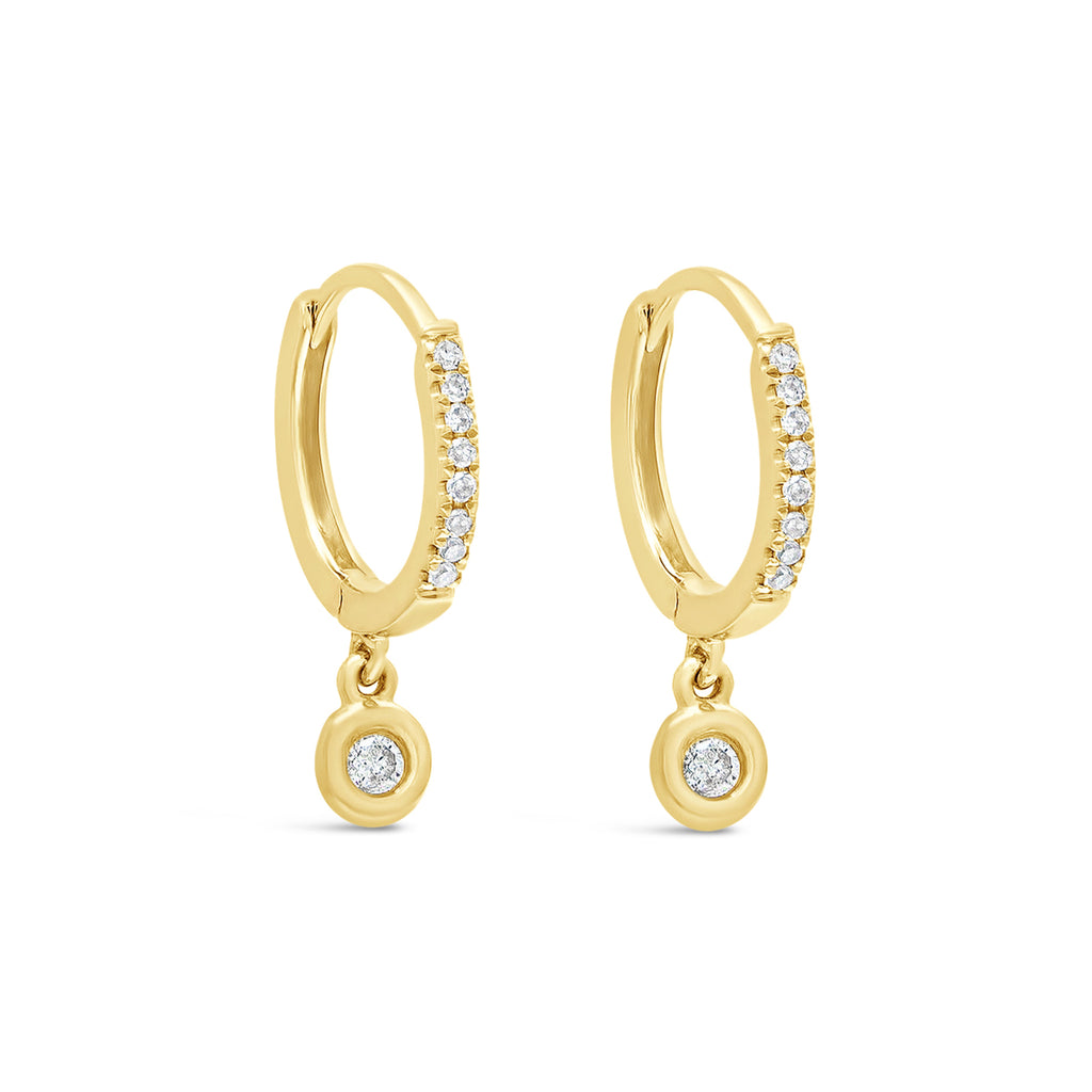 14k Yellow Gold Dangle Bezel Diamond Huggie Earrings