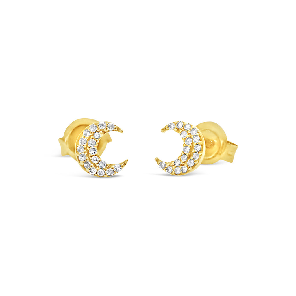 14k Yellow Gold Diamond Crescent Moon Stud Earrings