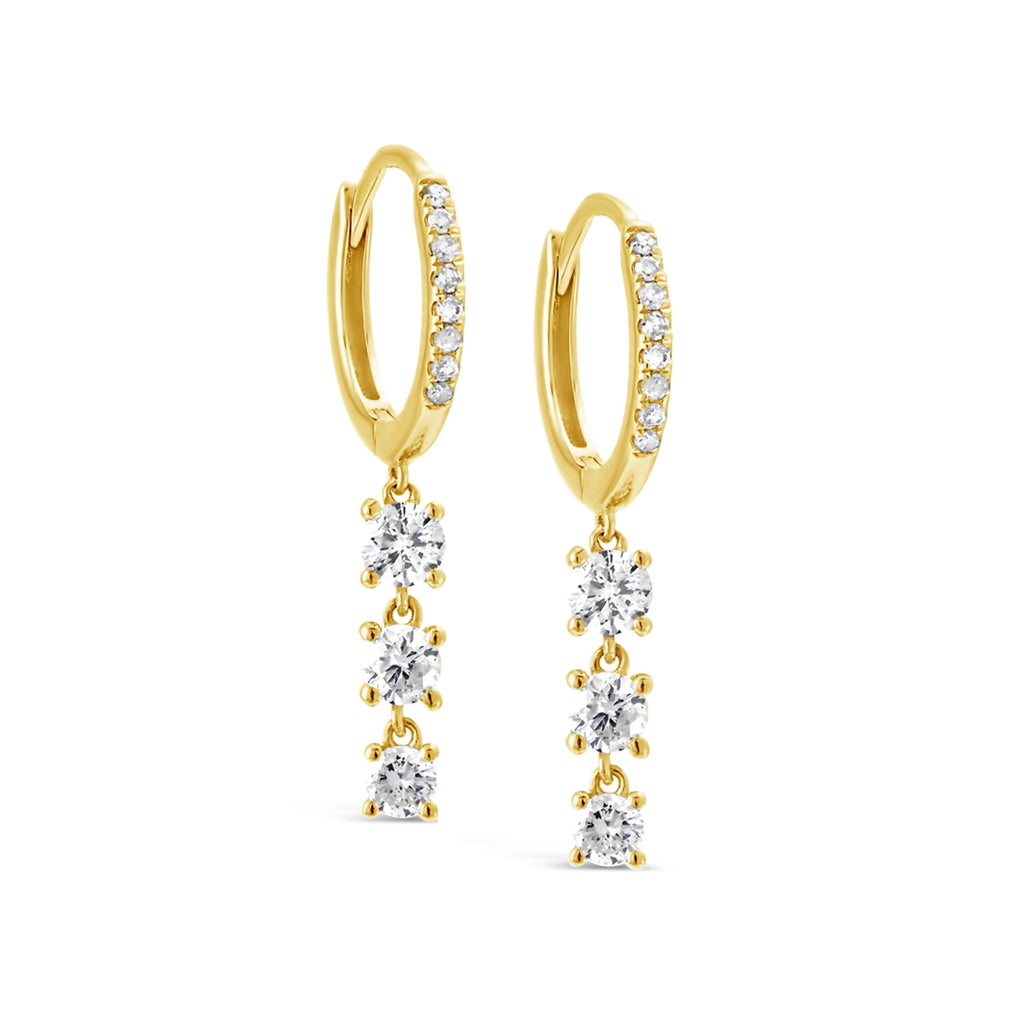 14k Yellow Gold Diamond Trio Drop Huggie Earrings