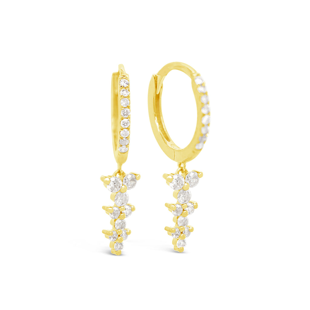 14k Yellow Gold Diamond Flower Drop Huggie Earrings