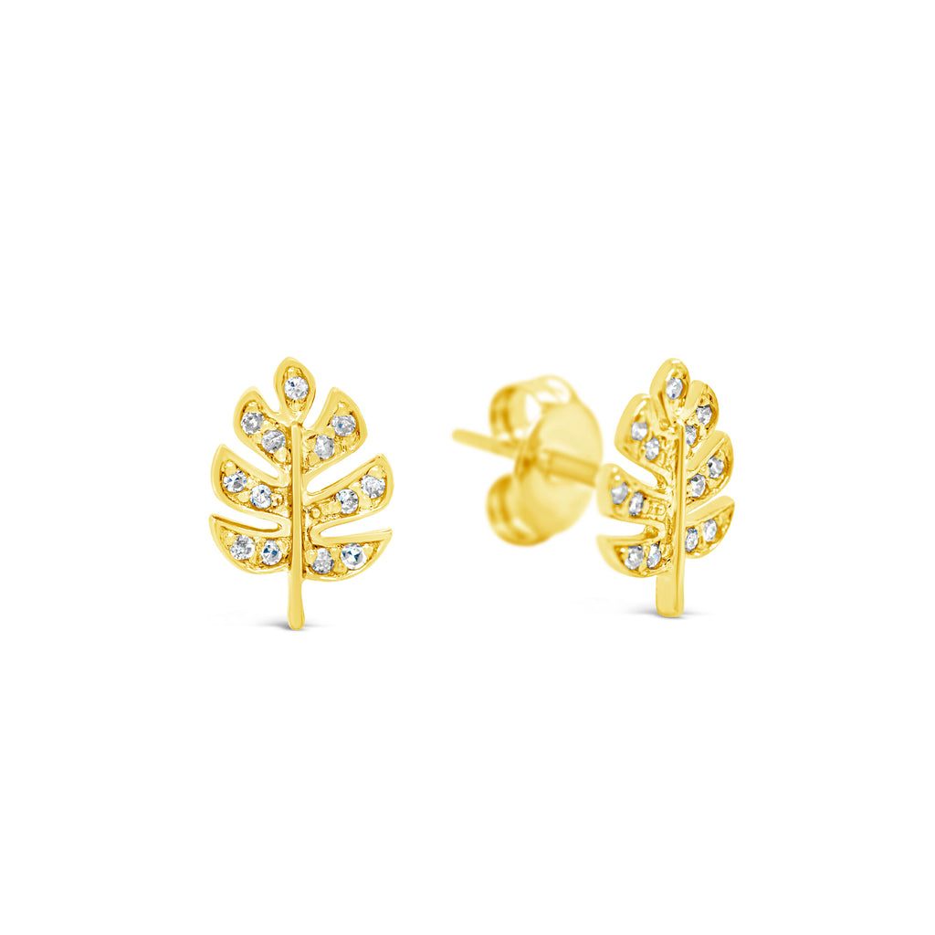 14k Yellow Gold and Diamond Monstera Stud Earrings