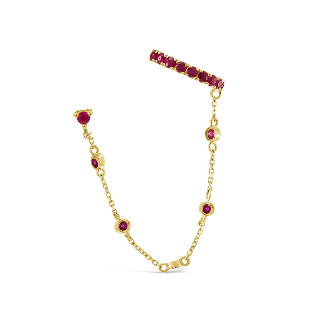 14k Yellow Gold Ruby Stud Chain & Cuff Earring