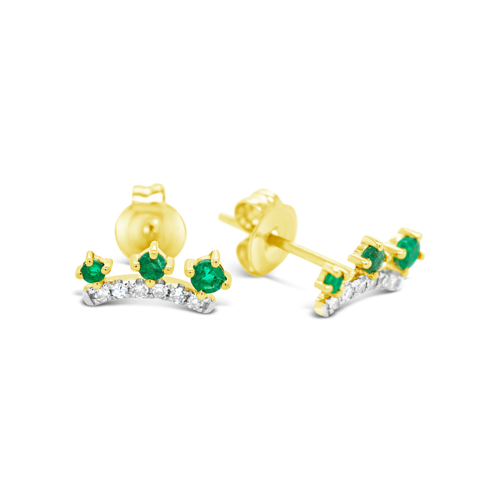 14k Yellow Gold Emerald & Diamond Curved Bar Stud Earrings