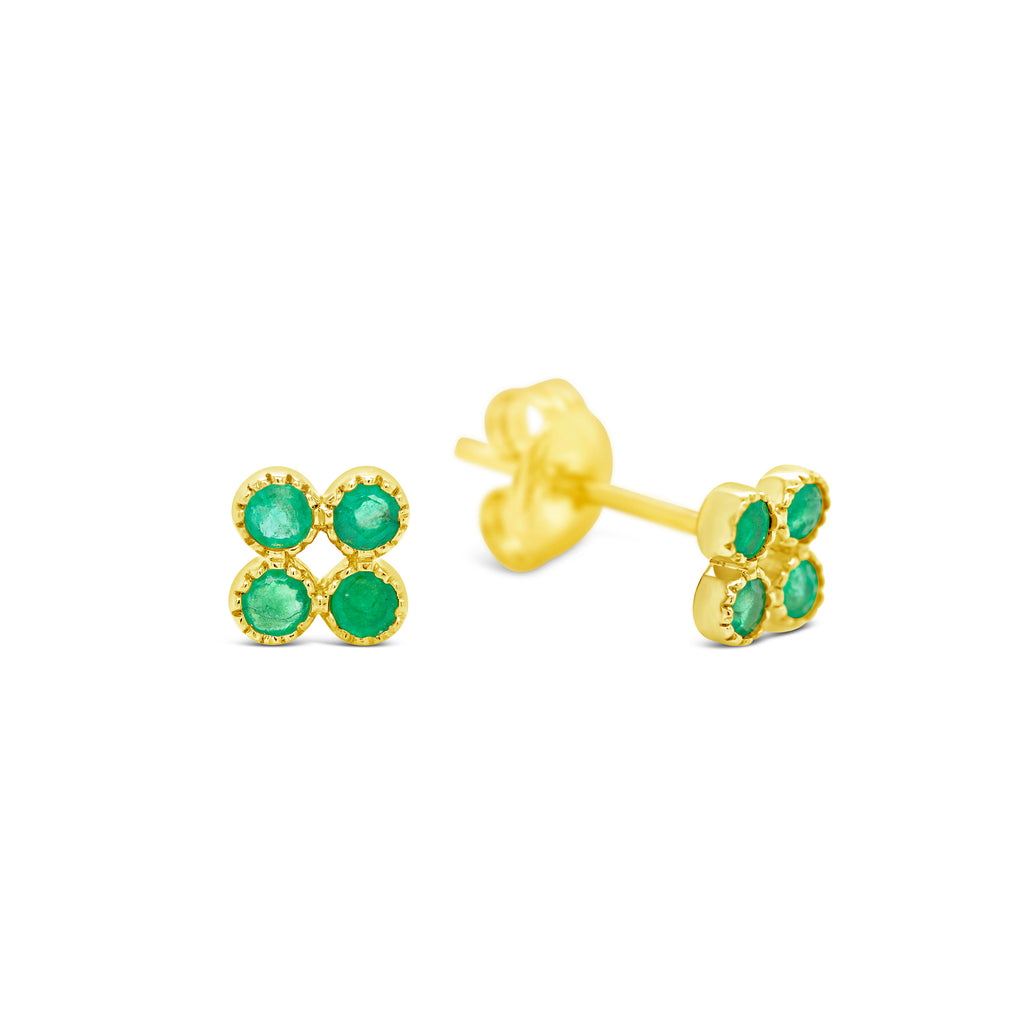 14k Yellow Gold Four Bezel Emerald Stud Earrings