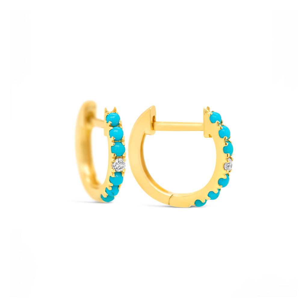 14k Yellow Gold Turquoise Diamond Huggie Earrings