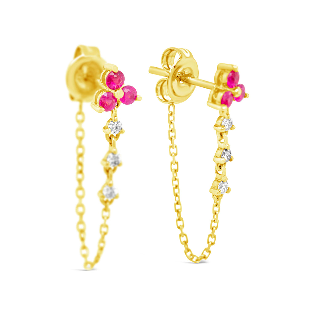 14k Yellow Gold Ruby and Diamond Flower Drop Chain Earrings