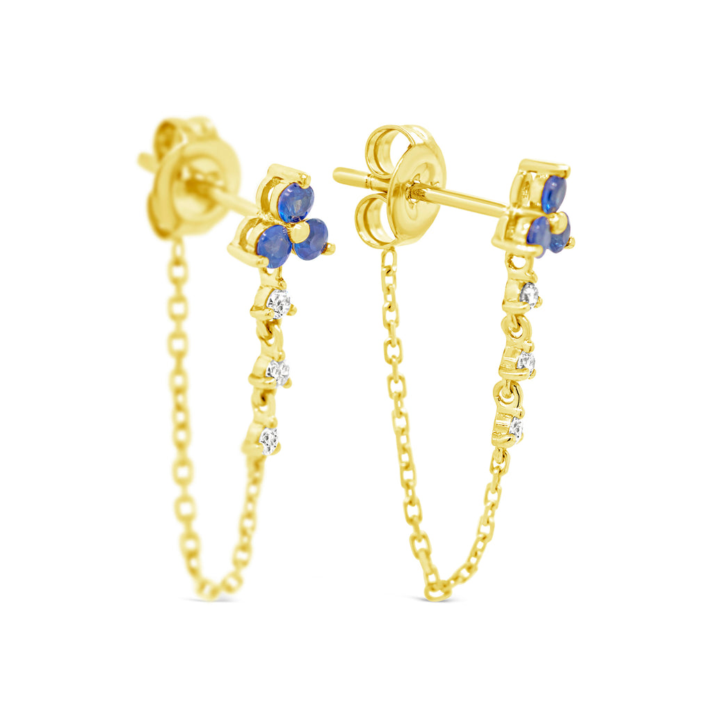 14k Yellow Gold Blue Sapphire and Diamond Flower Drop Chain Earrings