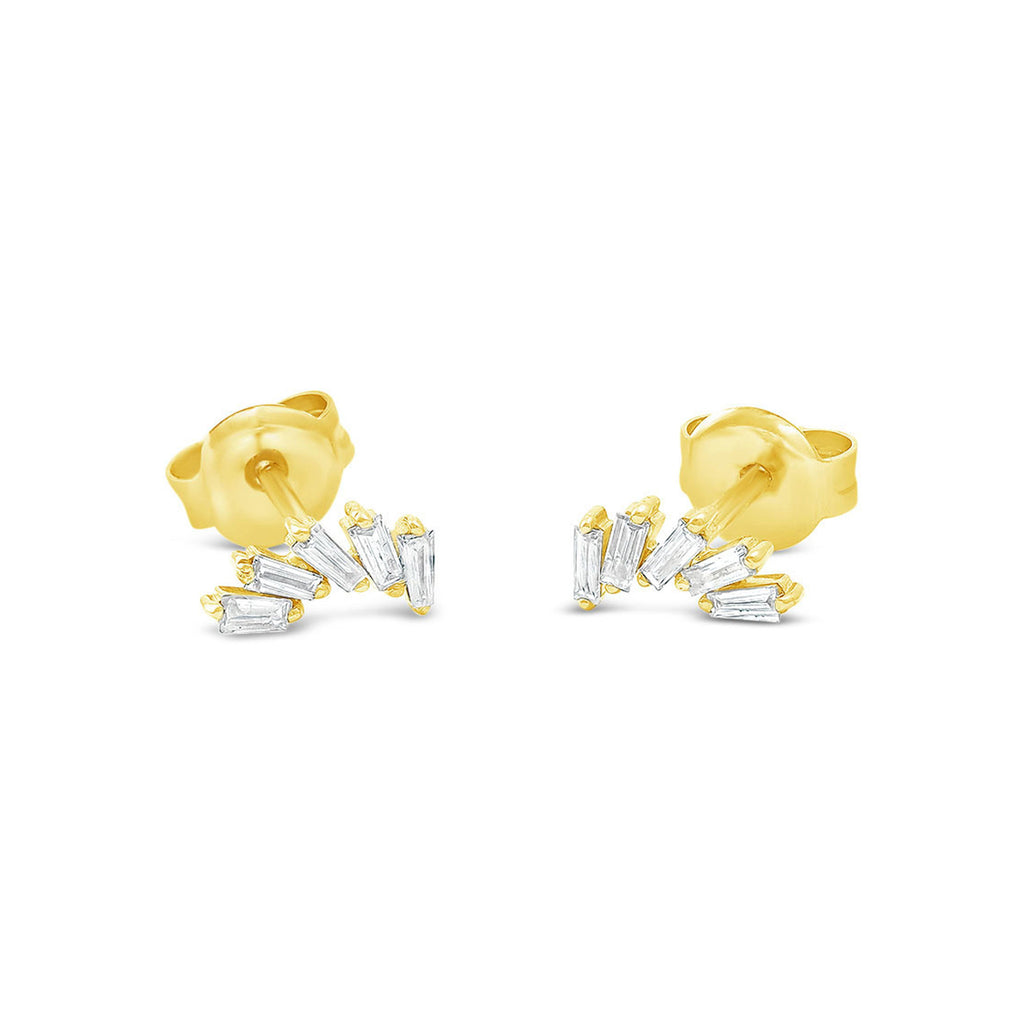 14k Yellow Gold Diamond Baguette Cluster Stud Earrings