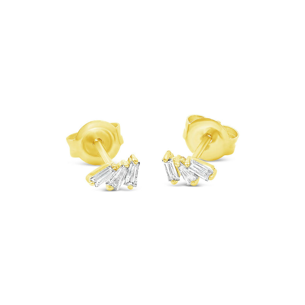 14k Yellow Gold Diamond Trio Baguette Stud Earrings