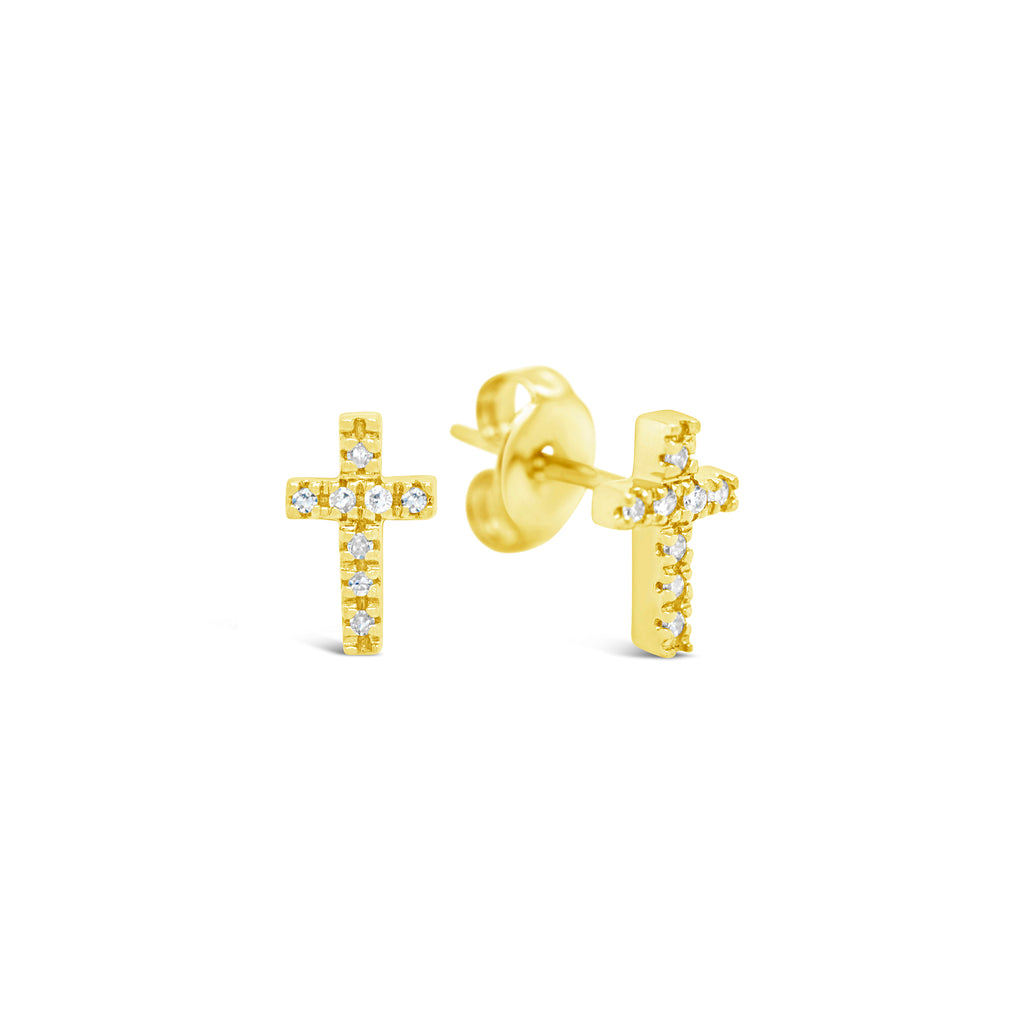 14k Yellow Gold Diamond Cross Stud Earrings