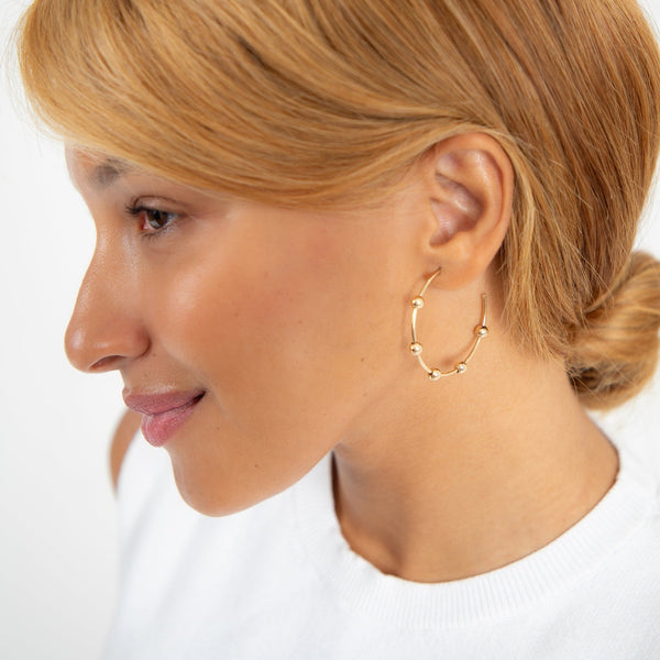 14K Yellow Gold Bead Ball Hoop Earrings