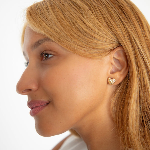 14k Yellow Gold Puffy Quilted Heart Stud Earrings