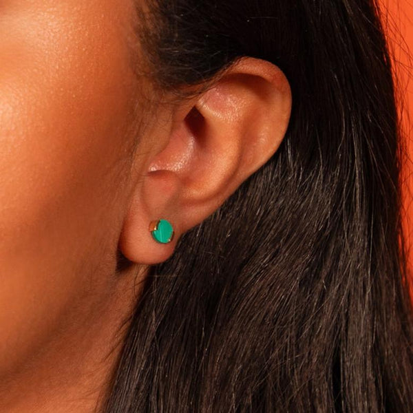 18K Yellow Gold Round Malachite Stud Earrings