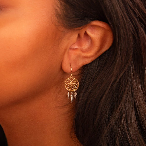 14k Yellow and White Gold Dream Catcher and Feather Dangle Earrings