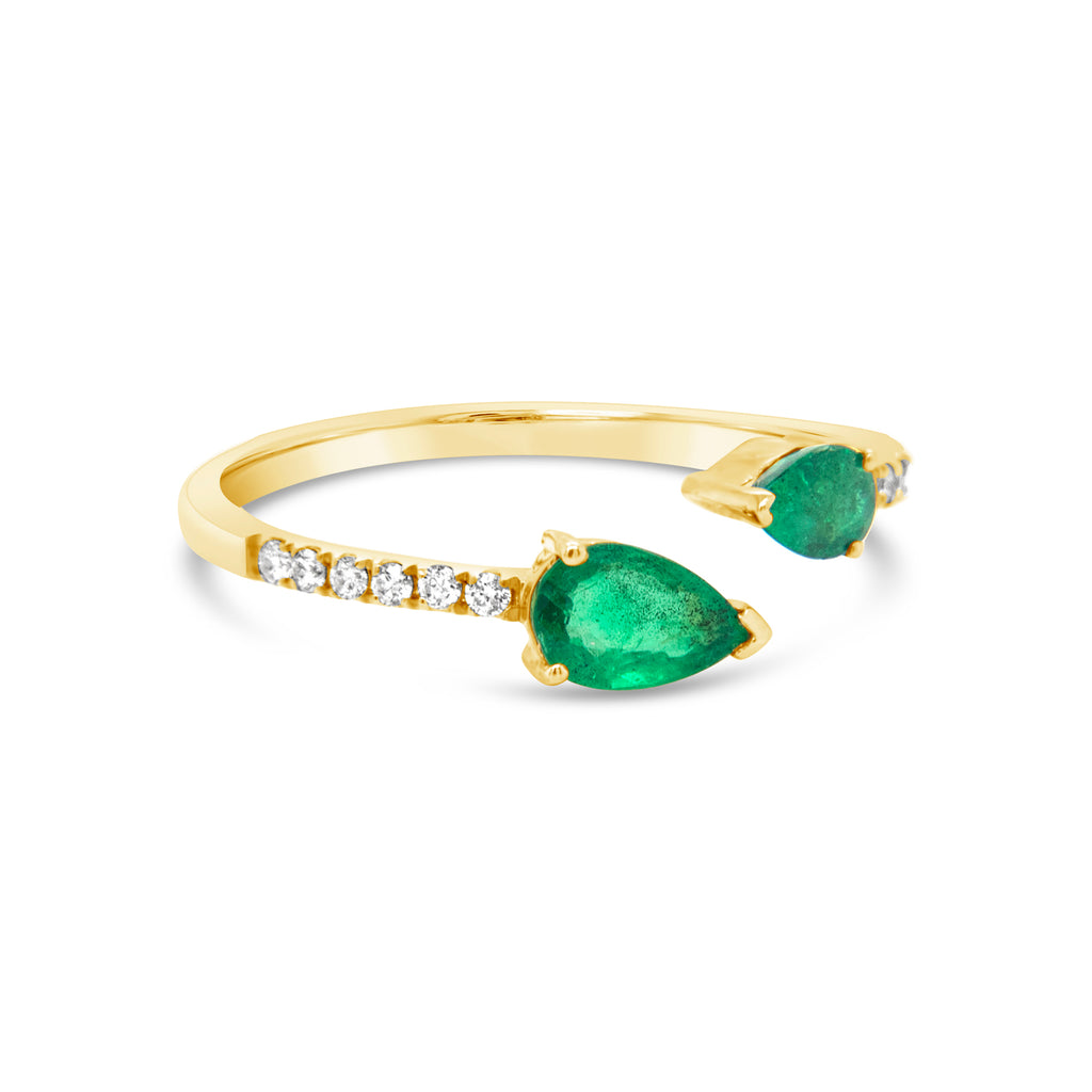 14k Yellow Gold Pear Shaped Emeralds and Diamond Open Ring