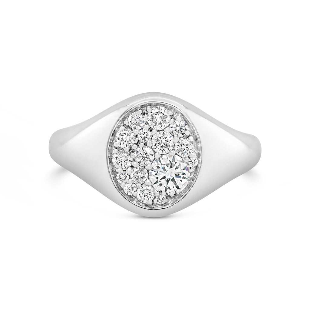 14k White Gold Oval Pave Diamond Signet Ring