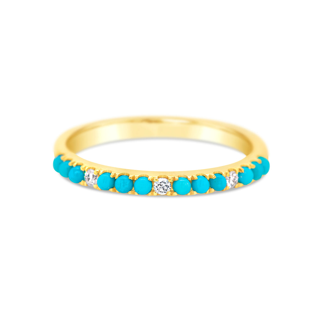 14k Yellow Gold Turquoise and Diamond Band Ring