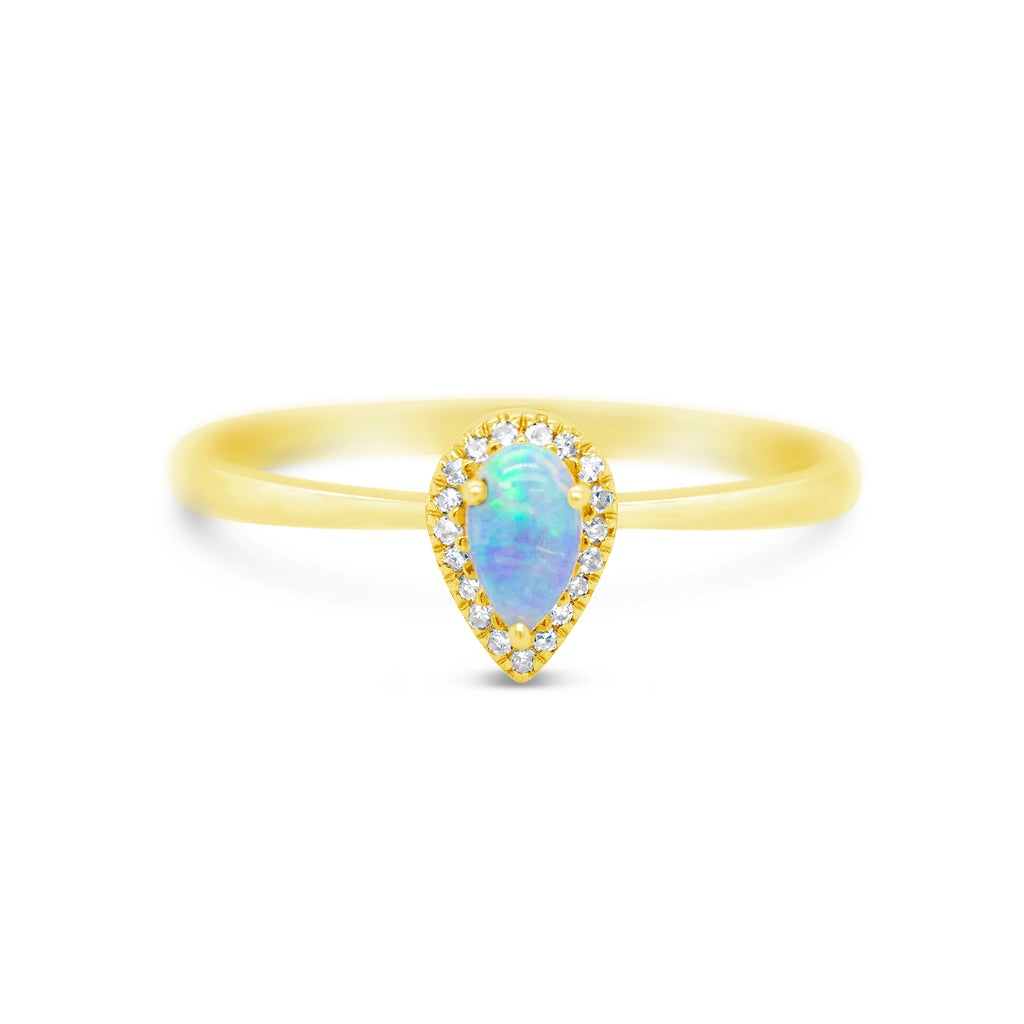 14k Yellow Gold Pear Shape Opal and Diamond Halo Ring