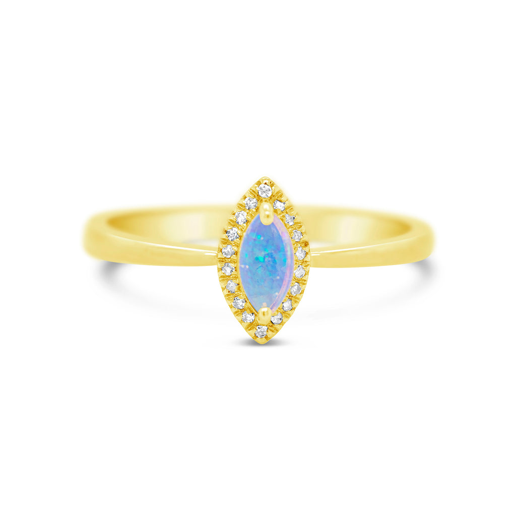 14k Yellow Gold Marquise Opal and Diamond Halo Ring