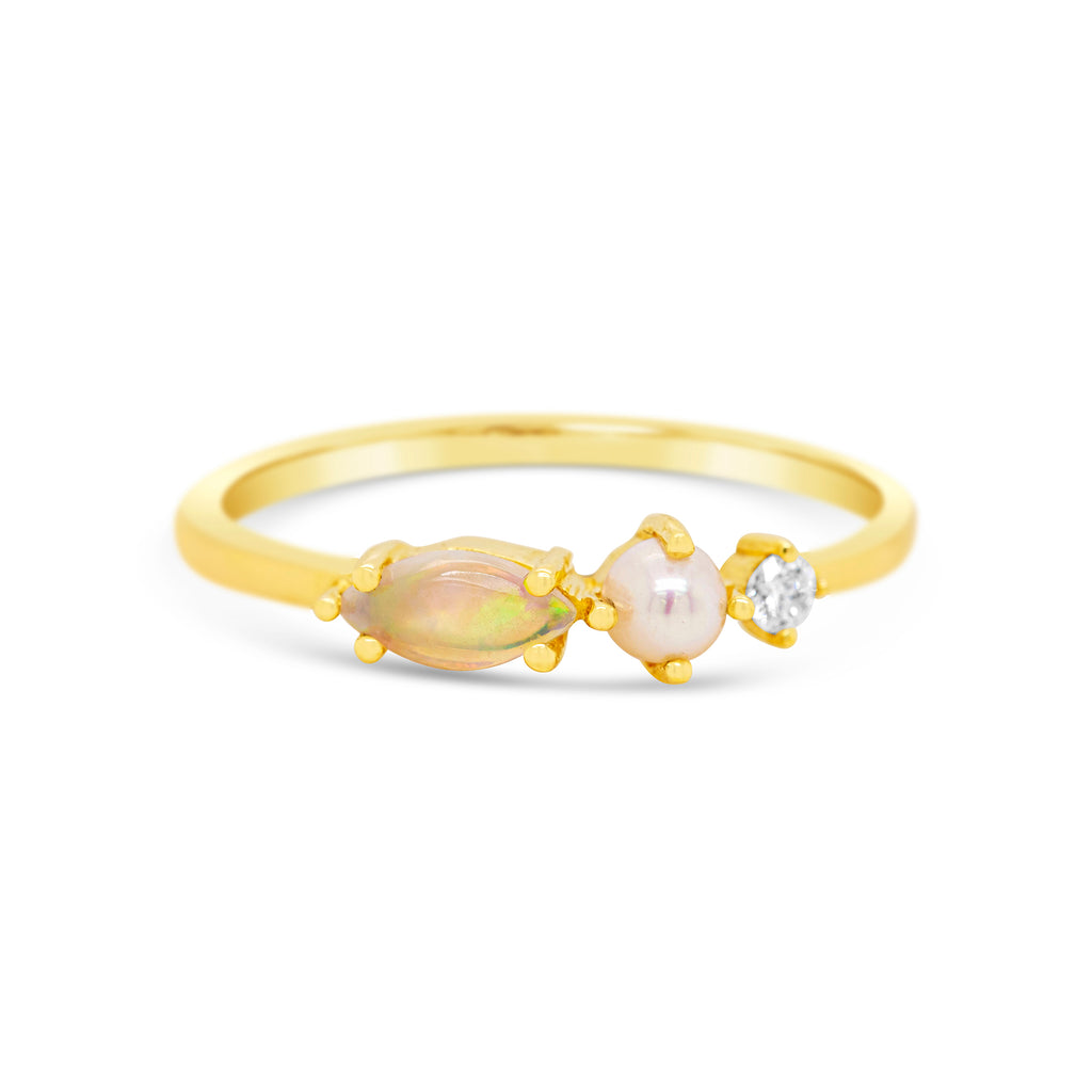 14k Yellow Gold Opal Pearl Diamond Band Ring