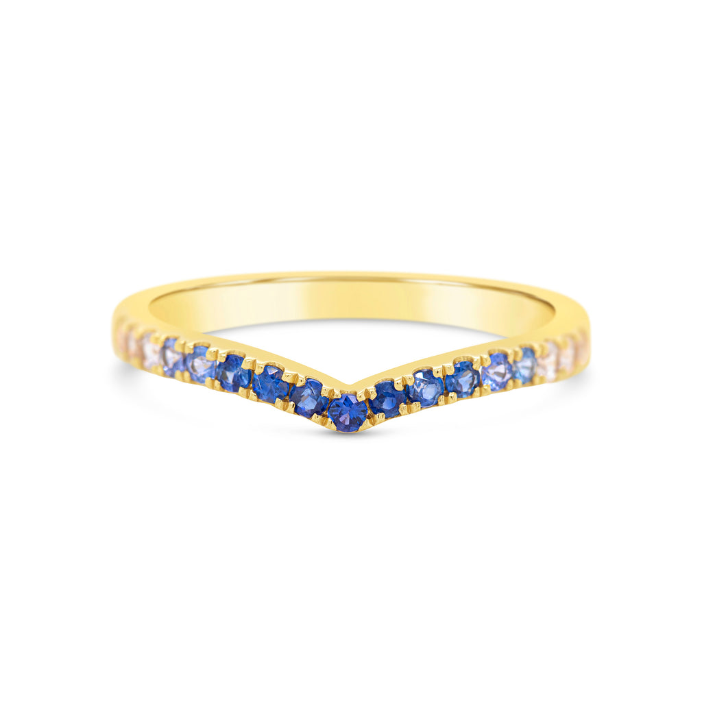 14k Yellow Gold Blue and White Sapphire Wishbone Ring