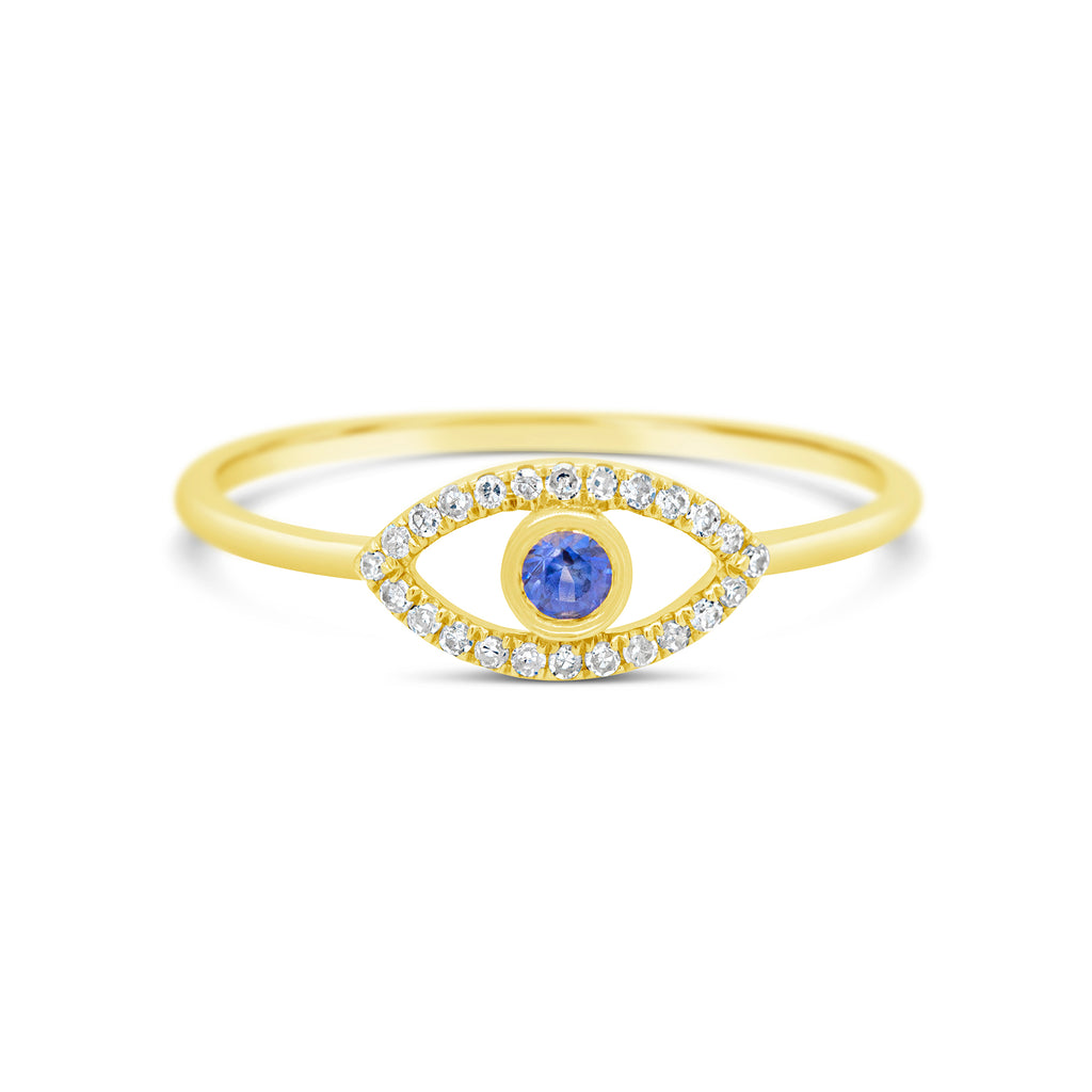 14k Yellow Gold Blue Sapphire and Diamond Evil Eye Ring