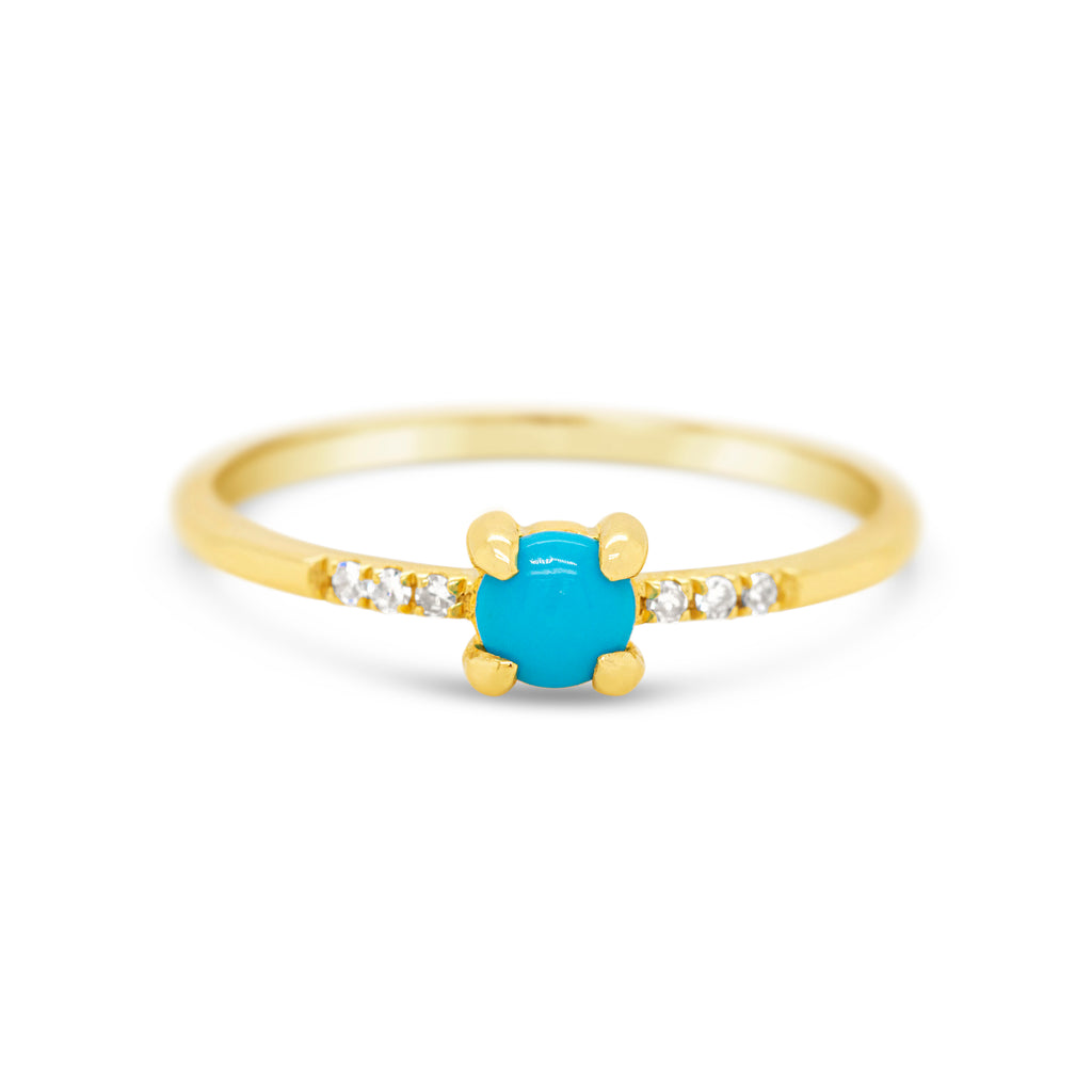 14k Yellow Gold Solo Round Turquoise and Diamond Ring