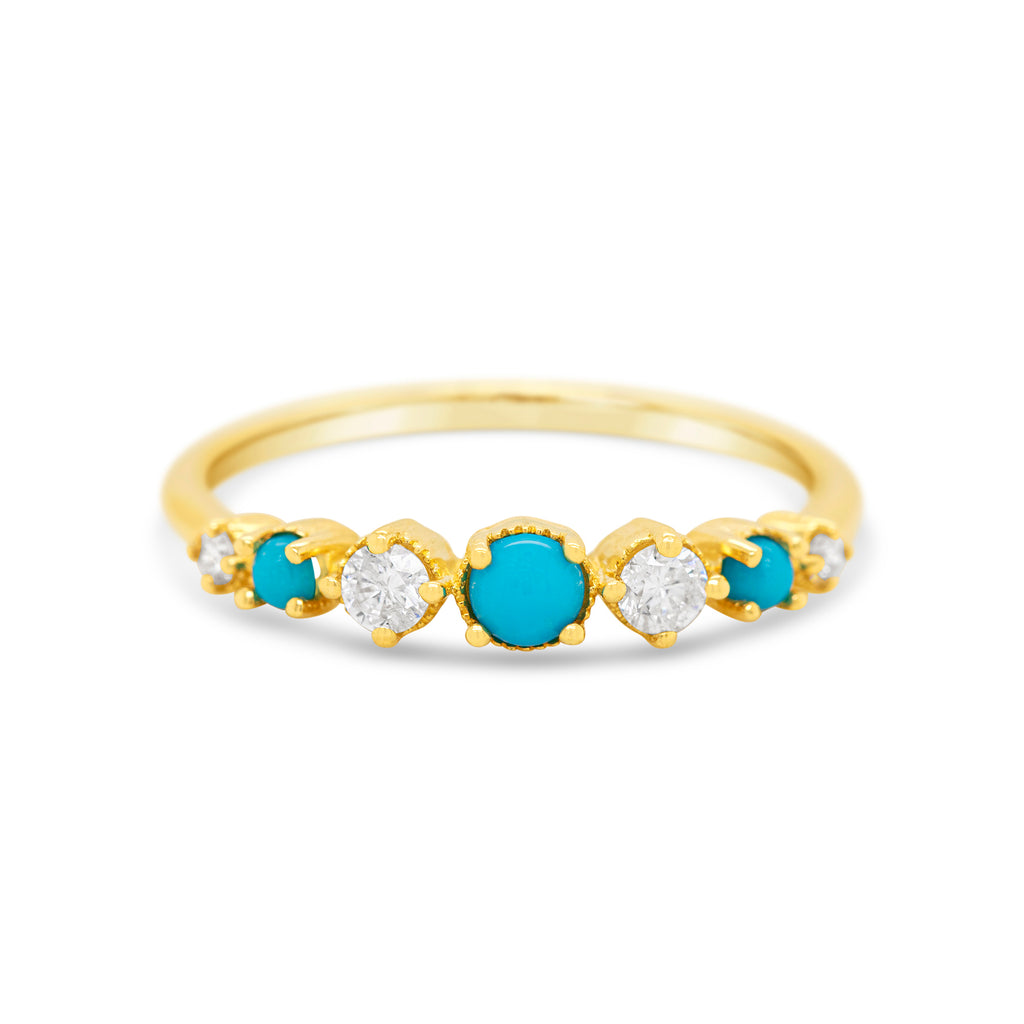 14k Yellow Gold Round Turquoise and Diamond Band Ring