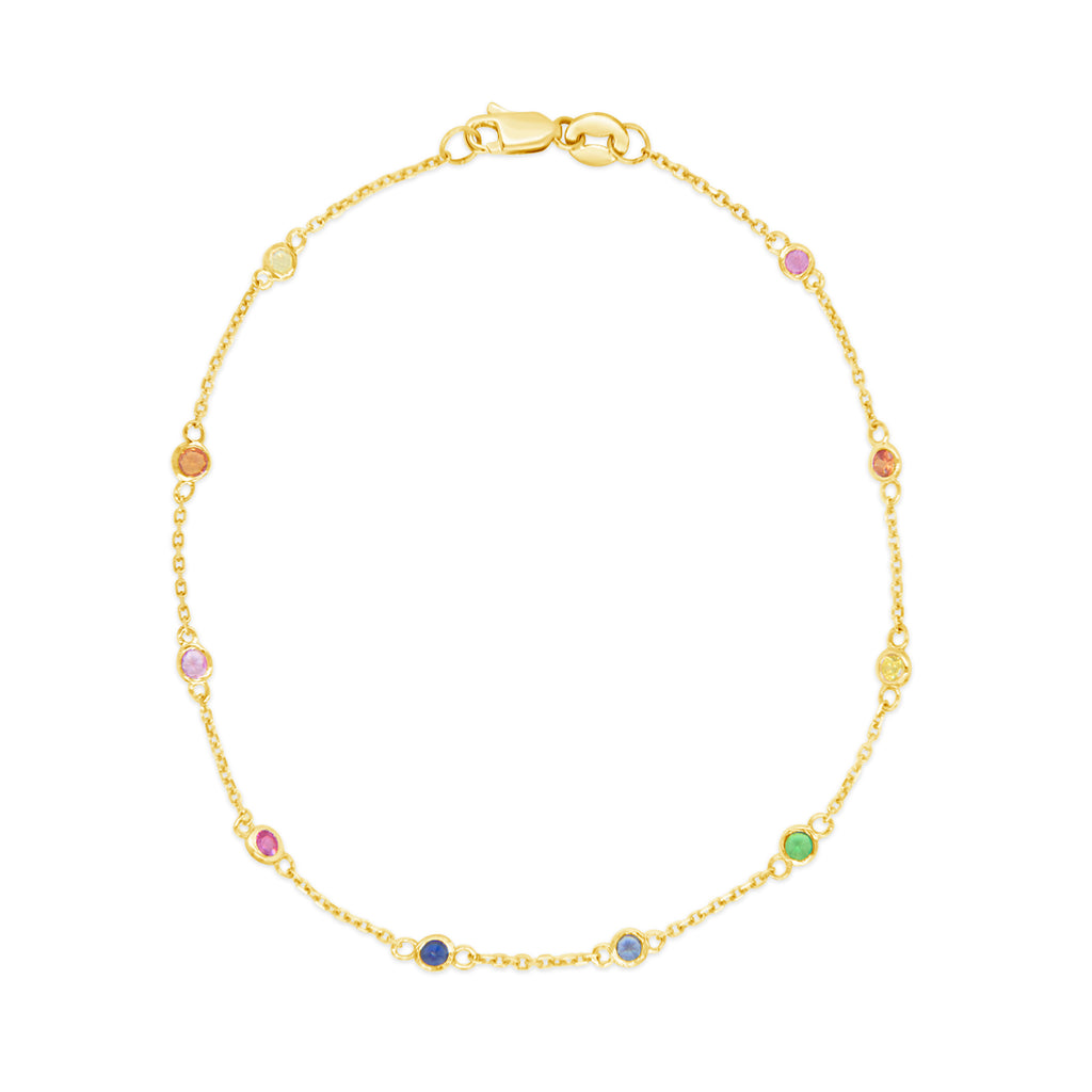 14k Yellow Gold Bezel Set Multi-Colored Gem Rainbow Station Bracelet