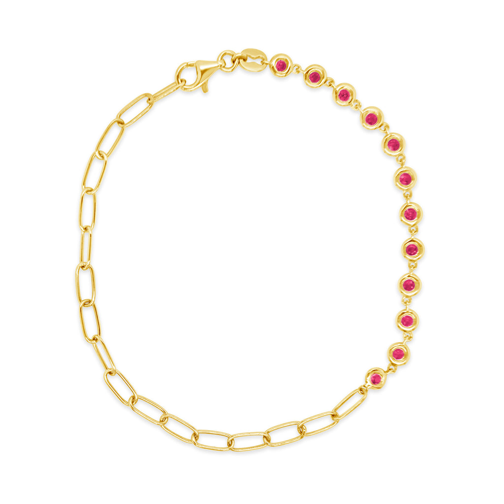 14k Yellow Gold Dual Paper Clip Link & Bezel Ruby Bracelet