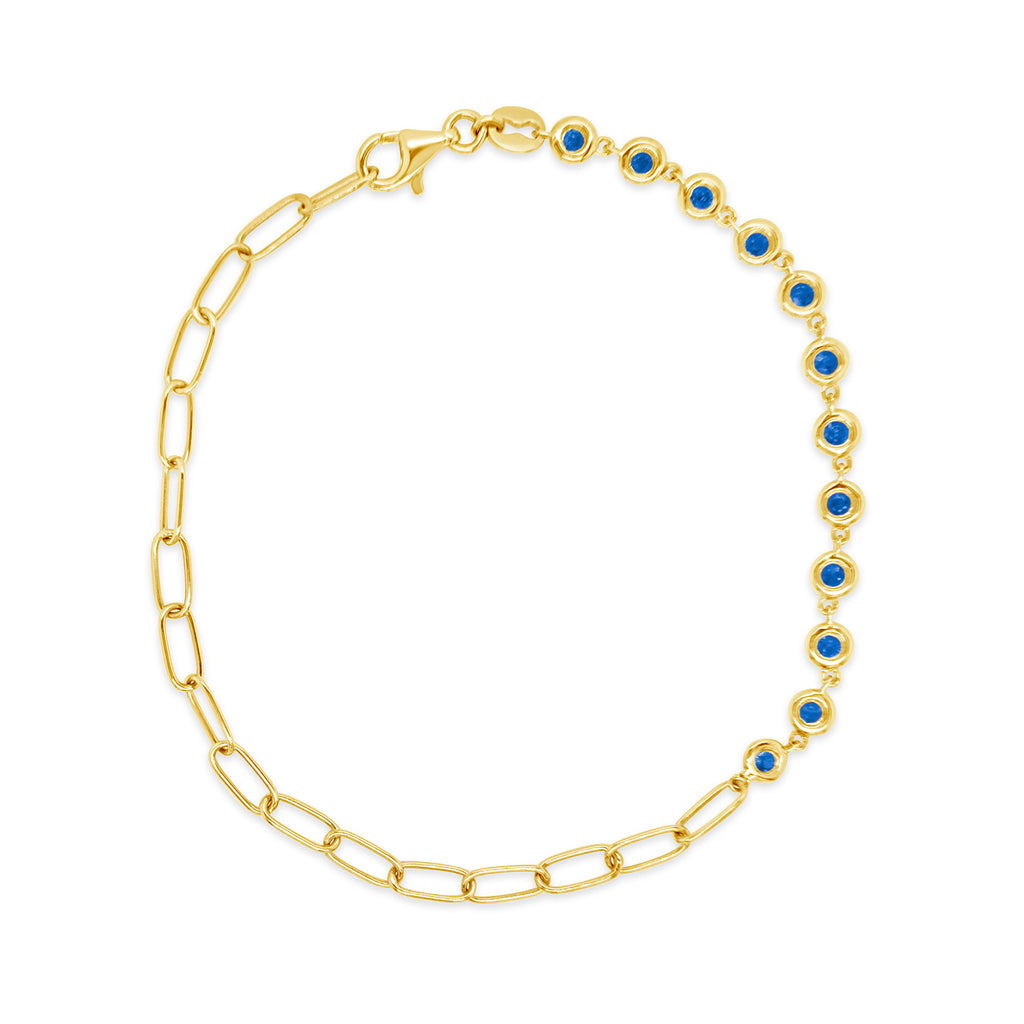 14k Yellow Gold Dual Paper Clip Link & Bezel Sapphire Bracelet