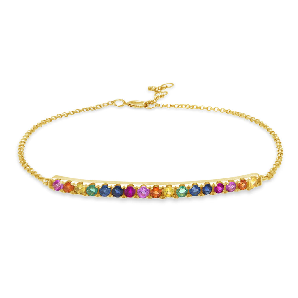 14k Yellow Gold Multi-Colored Gem Rainbow Bar Bracelet