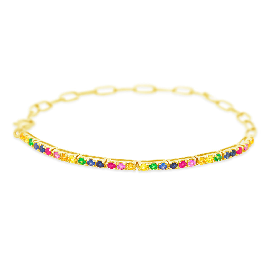 14k Yellow Gold Multi-Colored Gem Rainbow and Paperclip Link Bracelet