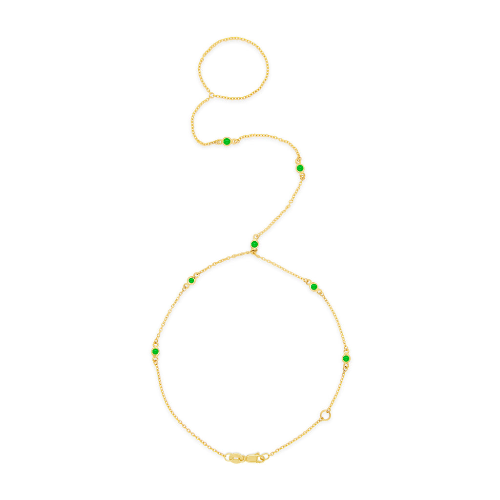 14k Yellow Gold 7 Bezel Emerald Hand Chain Bracelet