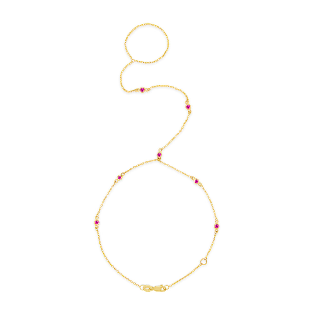 14k Yellow Gold 7 Bezel Ruby Hand Chain Bracelet