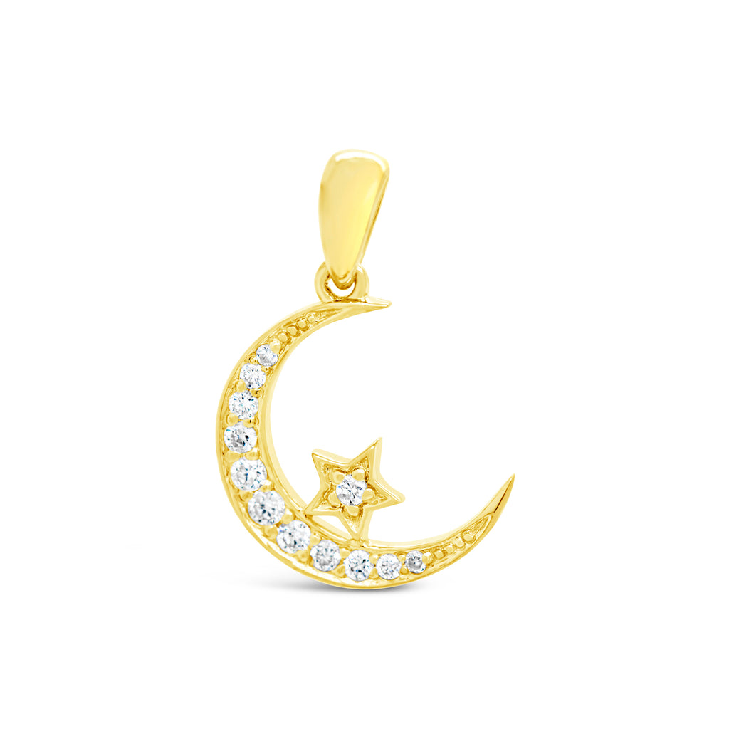 14k Yellow Gold and Diamond Crescent Moon & Star Pendant